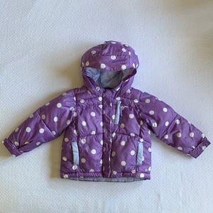 Columbia Purple & White Polka Dot Puffer Jacket with Omni-Shield, Size 3T.